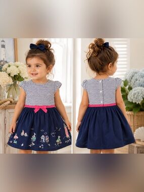 Vibrant “Shore To Love” Nautical Lighthouse Beach Embroidered Seaside Dress, 2T